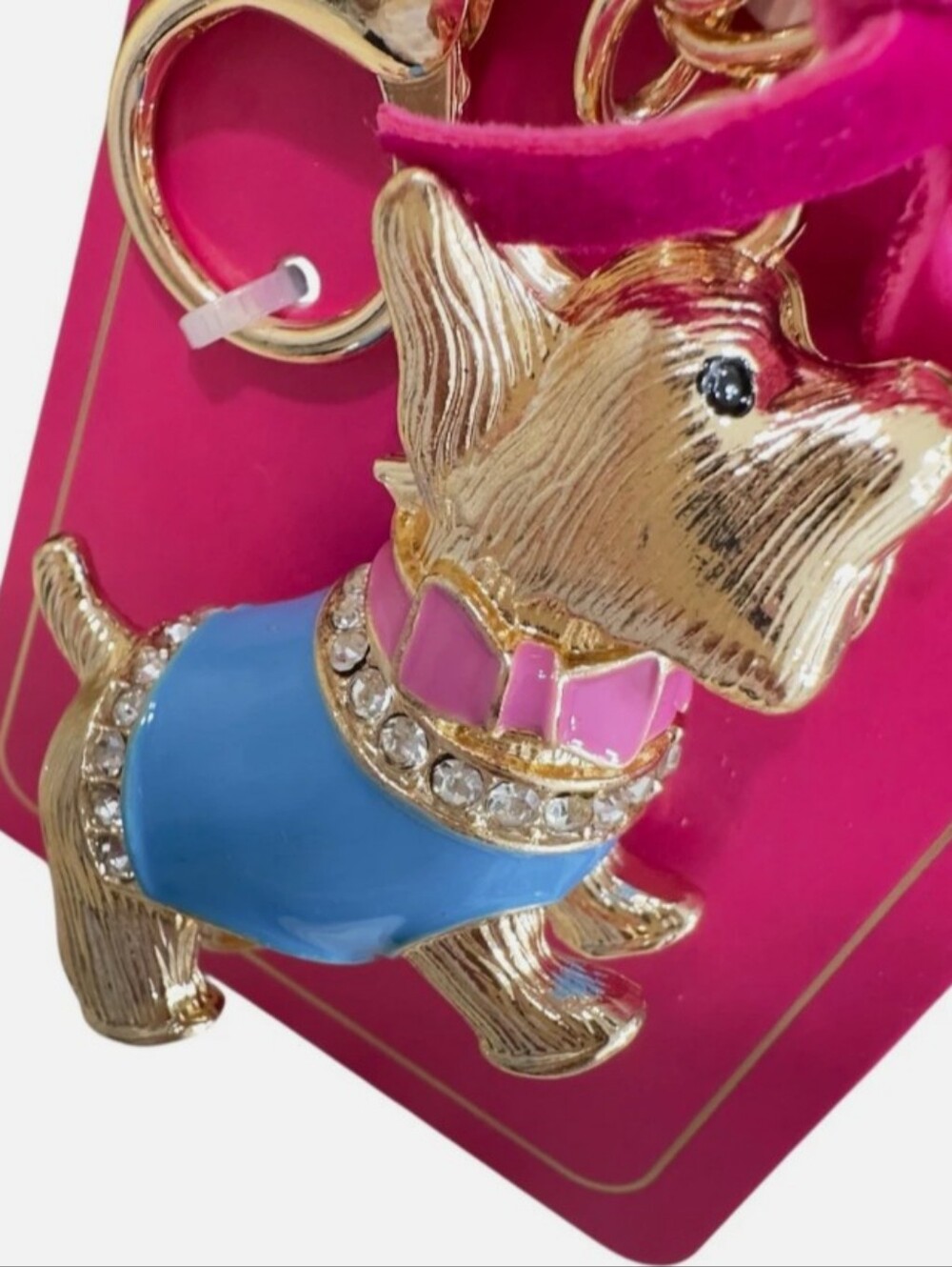 Juicy Couture Gold Scottie Dog Keychain with Blue Sweater & Pink Bow 2 X2 X4 New - Picture 3 of 6